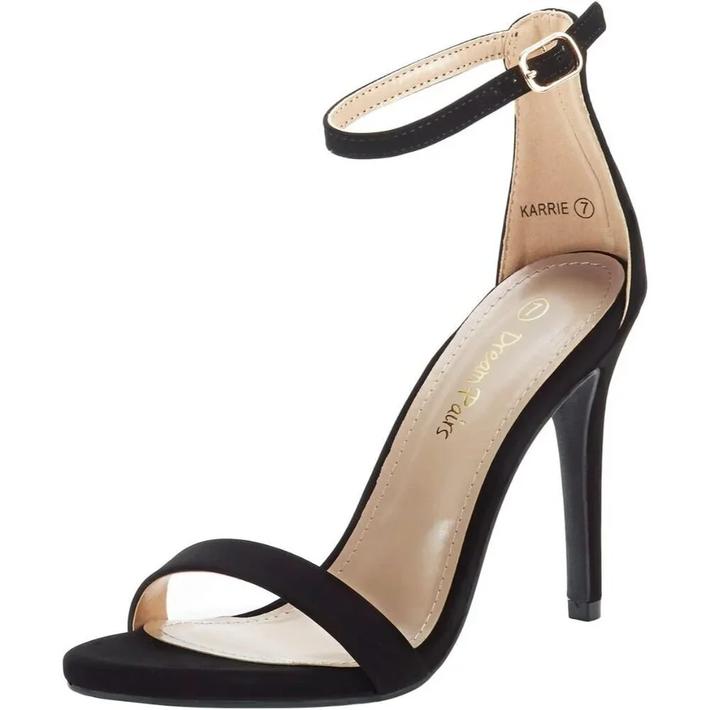 Women's Black-Nubuck Flower Ankle Strap Stiletto Round Open Toe Stylish Heel